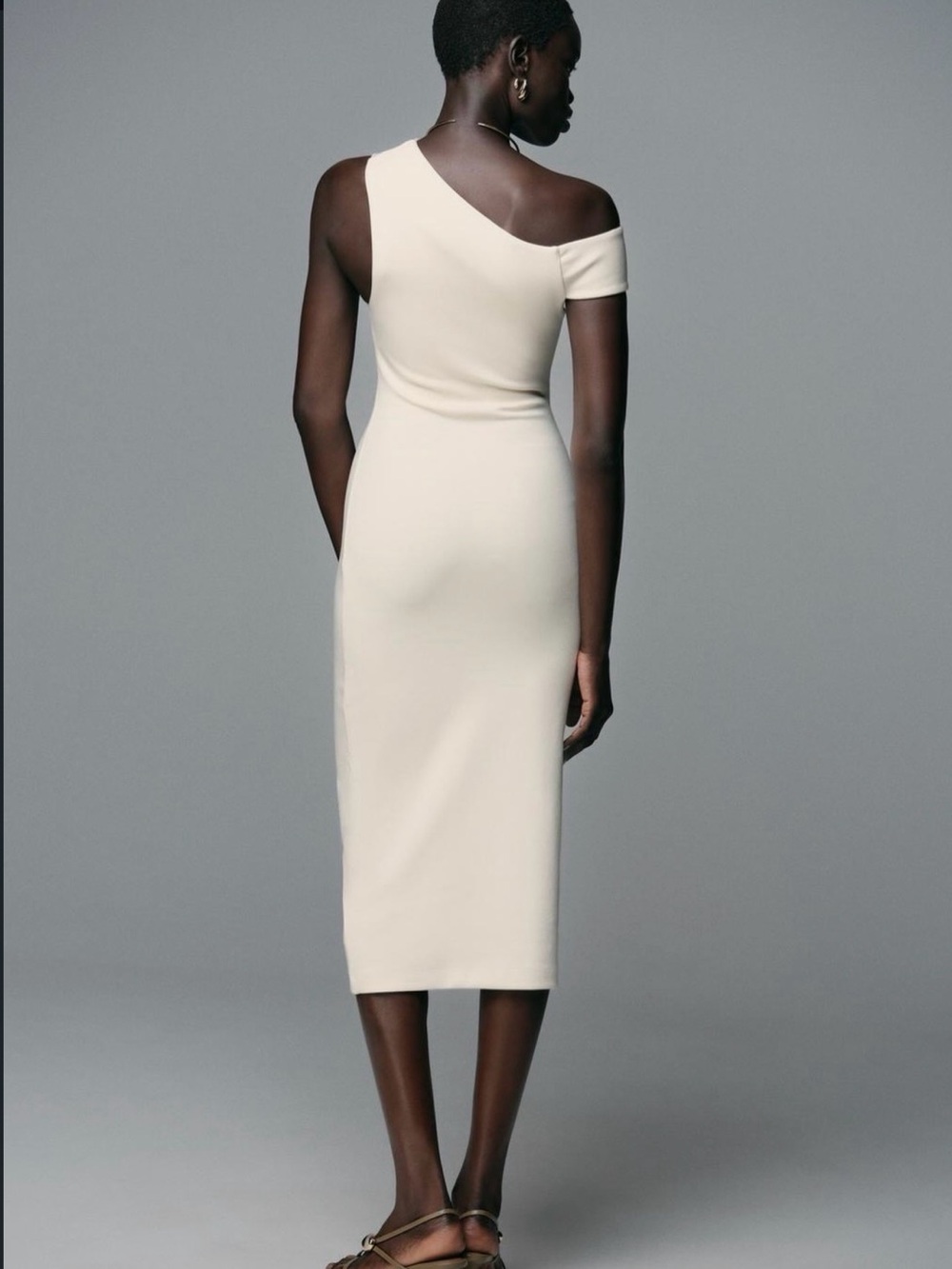 Zara One-Shoulder Cream Midi Bodycon Dress - Picture 8 of 10